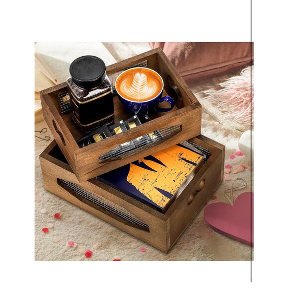 New!Set of 2 Wooden Nesting Countertop Baskets, Decorative Wood Storage Box - Picture 3 of 5